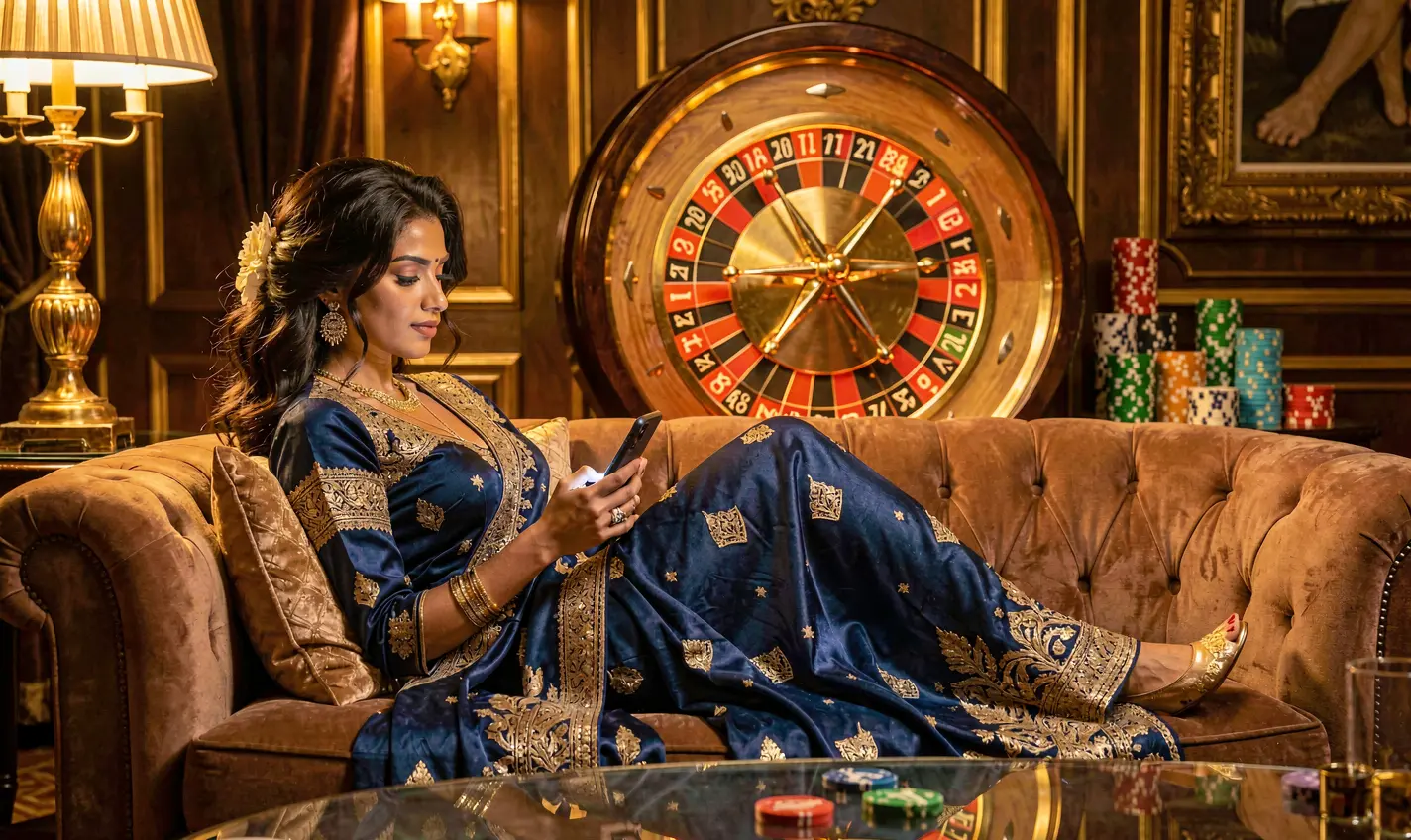 988TK App – Enjoy premium casino entertainment anytime in Bangladesh Luxury casino atmosphere with a confident Bangladeshi woman using the 988TK mobile app in a golden gaming lounge with roulette and chips