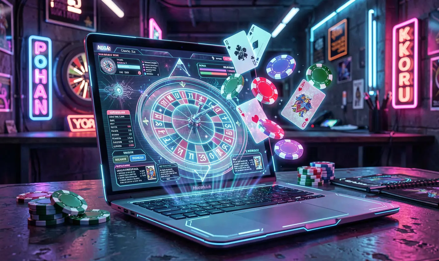 Futuristic laptop displaying an online roulette wheel with glowing casino chips representing immersive digital casino games available at 988TK in Bangladesh