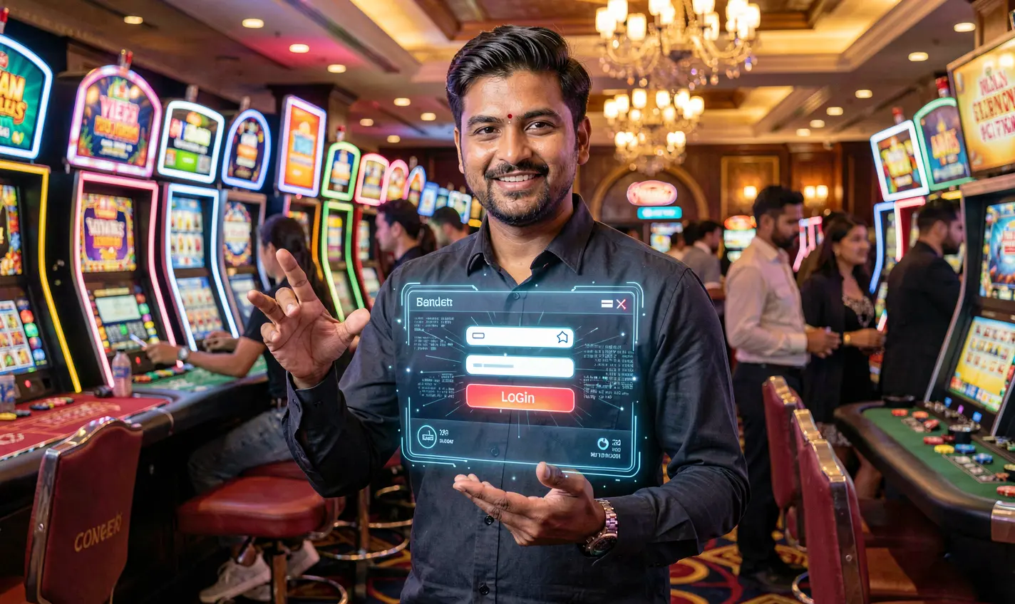 988TK Login – Fast and secure access to your gaming account in Bangladesh Stylish Bangladeshi casino ambassador presenting a floating holographic login button in a vibrant casino setting for 988TK